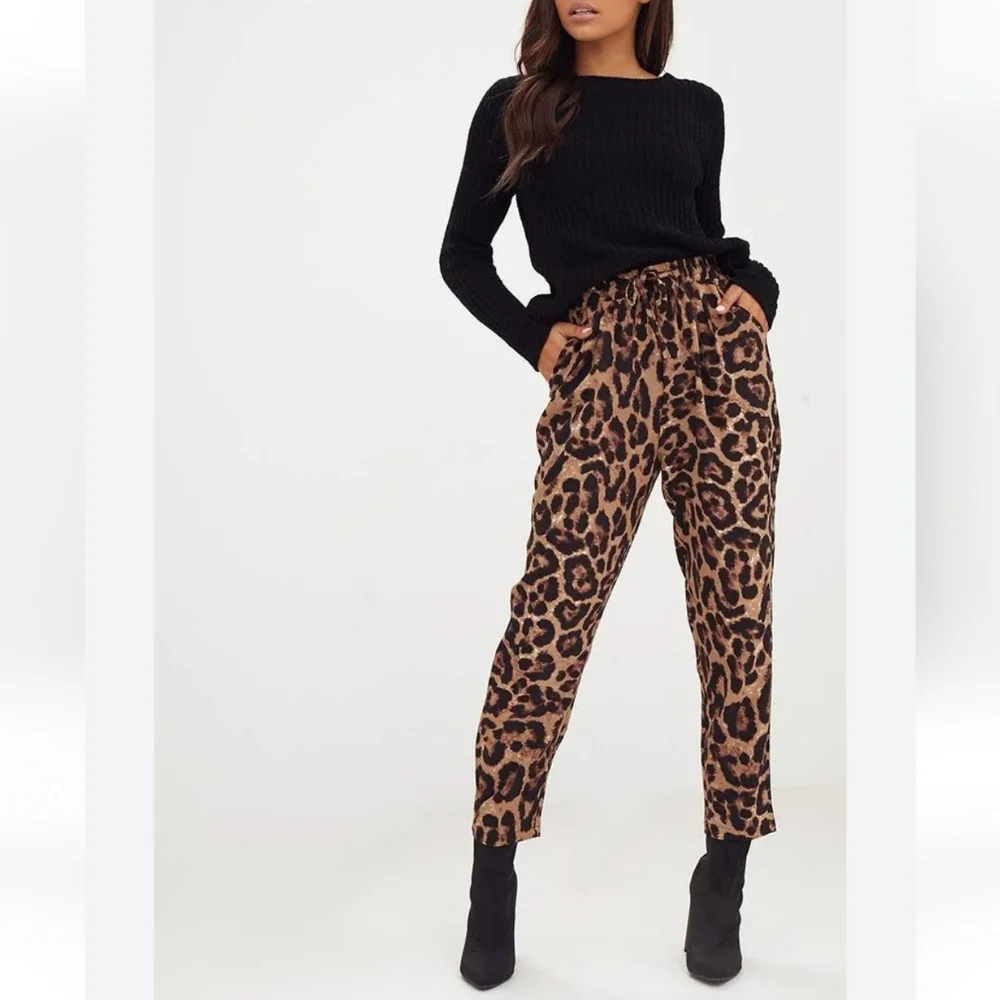 PrettyLittleThing Animal Print Casual Pants Womens 6 Brown Boho Retro 90s Y2K - Picture 1 of 9